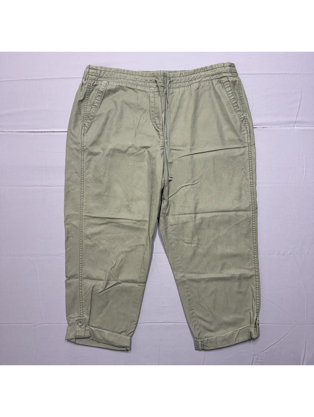 Talbots Womens Capri Pants Cotton Tencel Drawstring Roll Tab 14P Olive Green